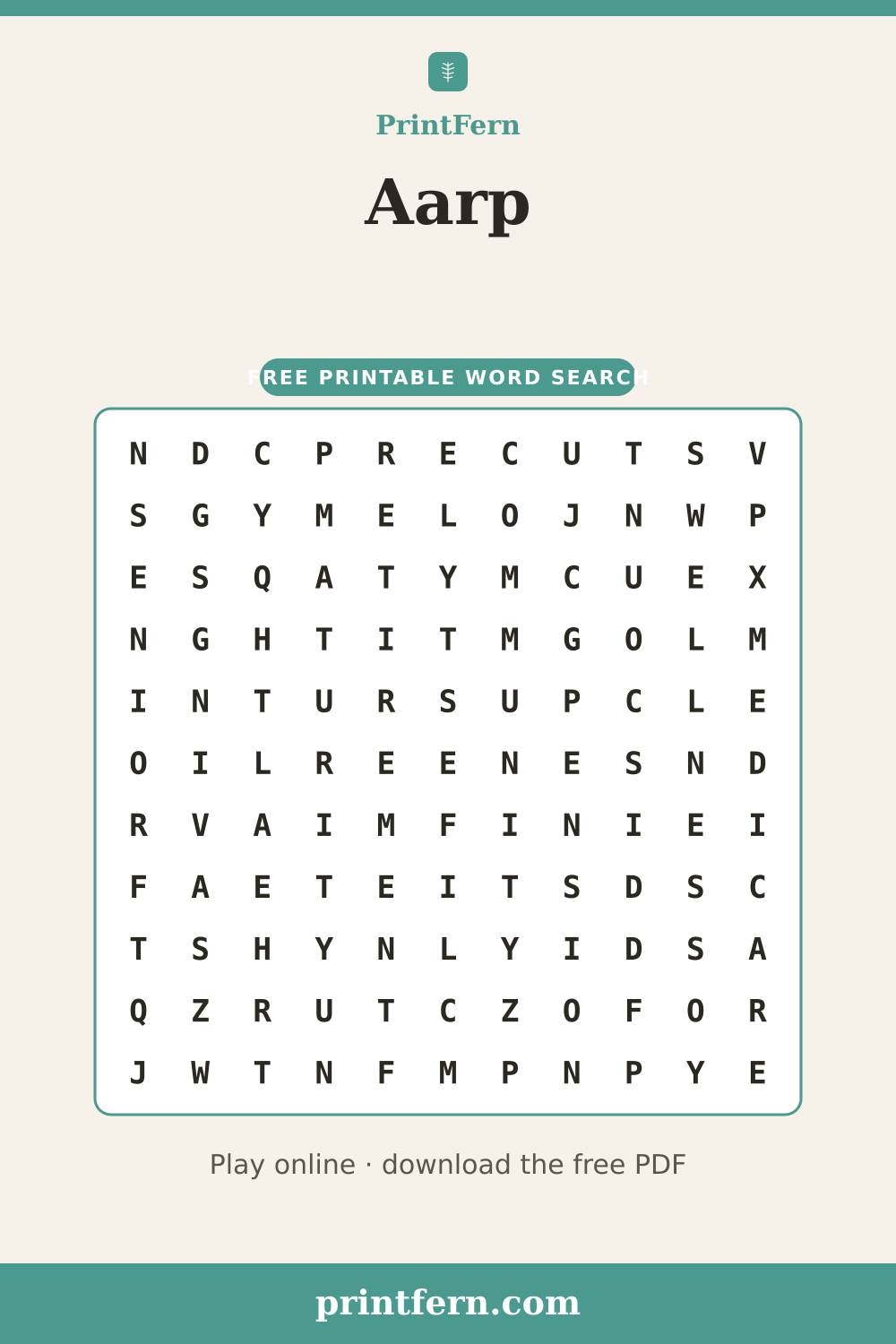 Aarp Word Search, free printable PDF preview