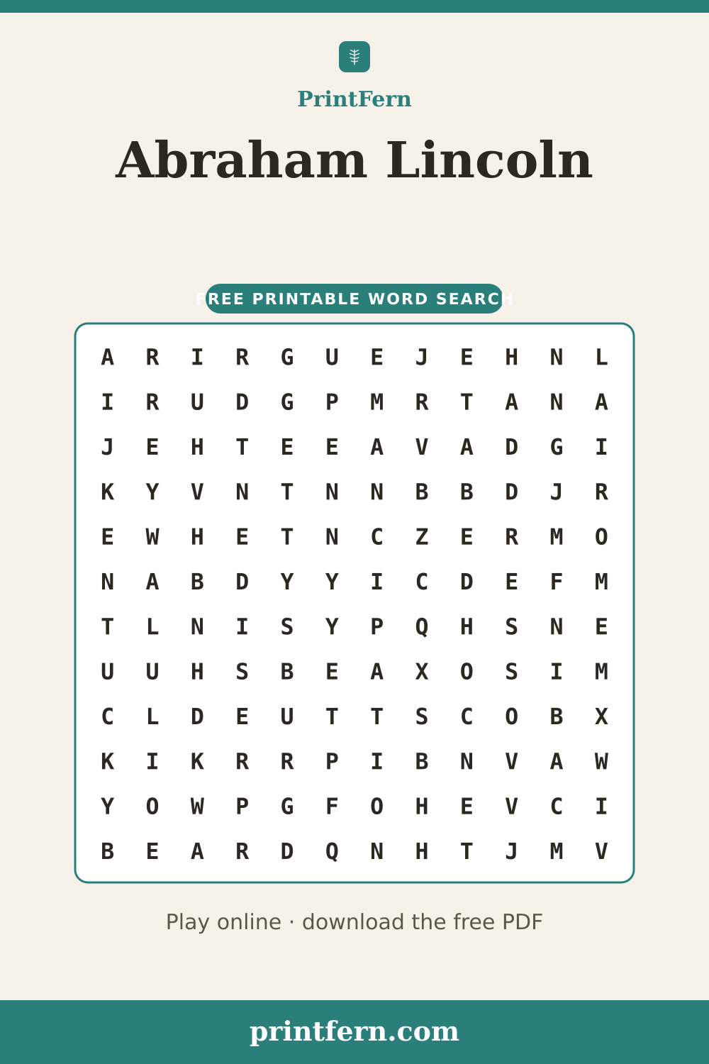 Abraham Lincoln Word Search, free printable PDF preview