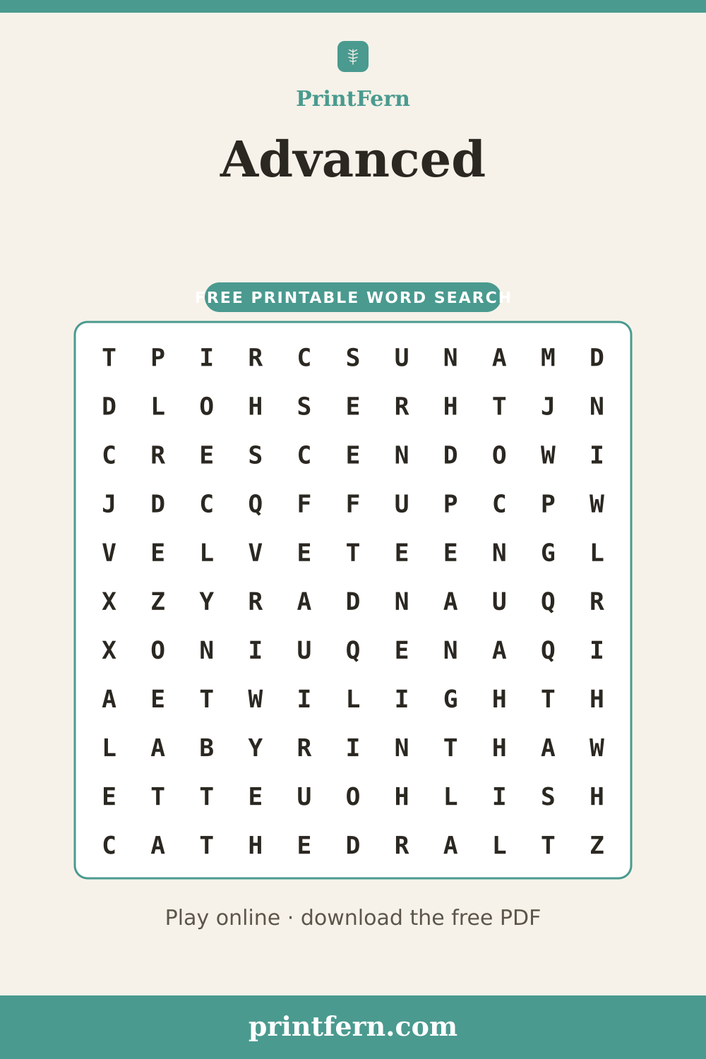 Advanced Word Search, free printable PDF preview