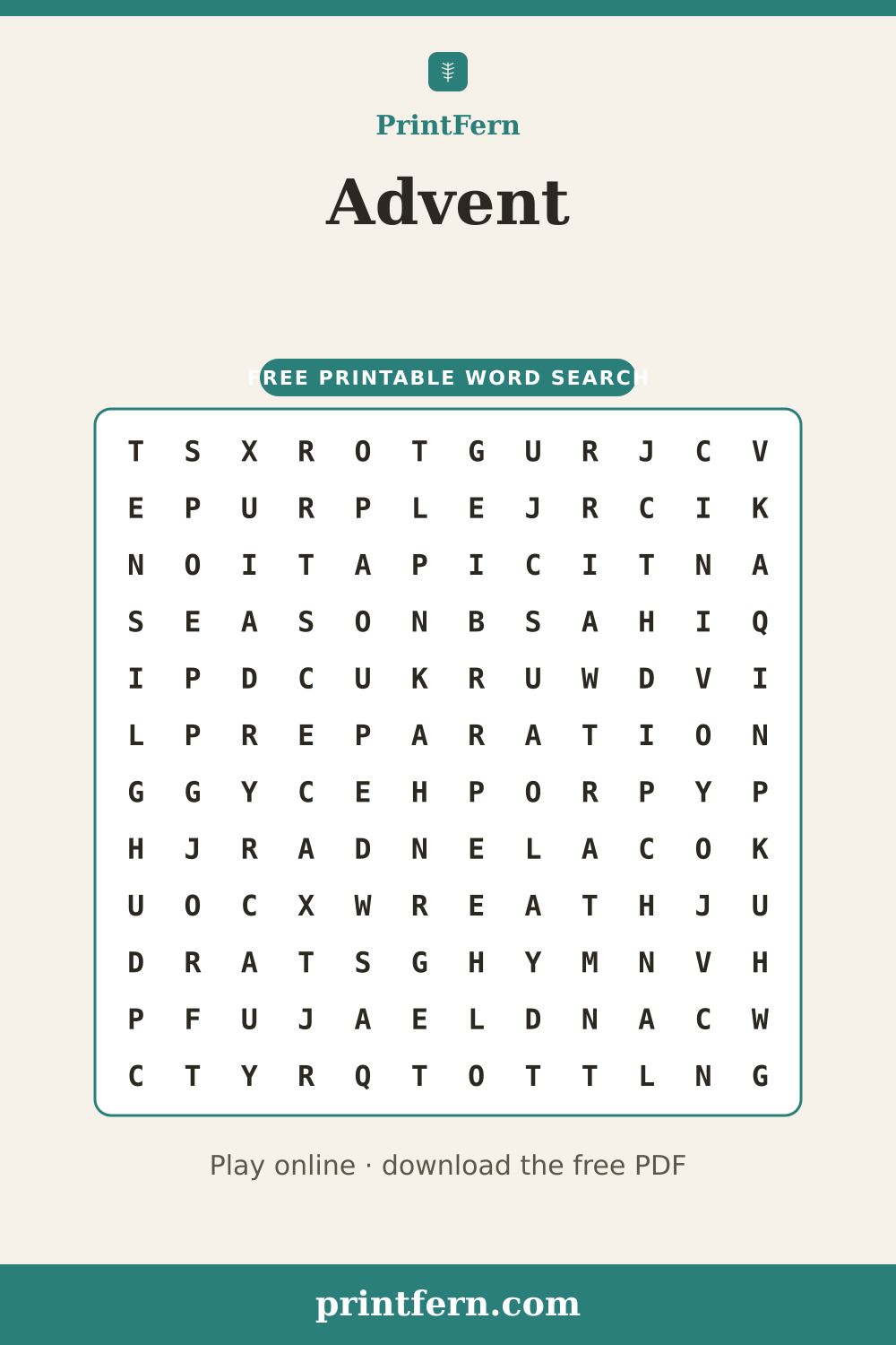 Advent Word Search, free printable PDF preview