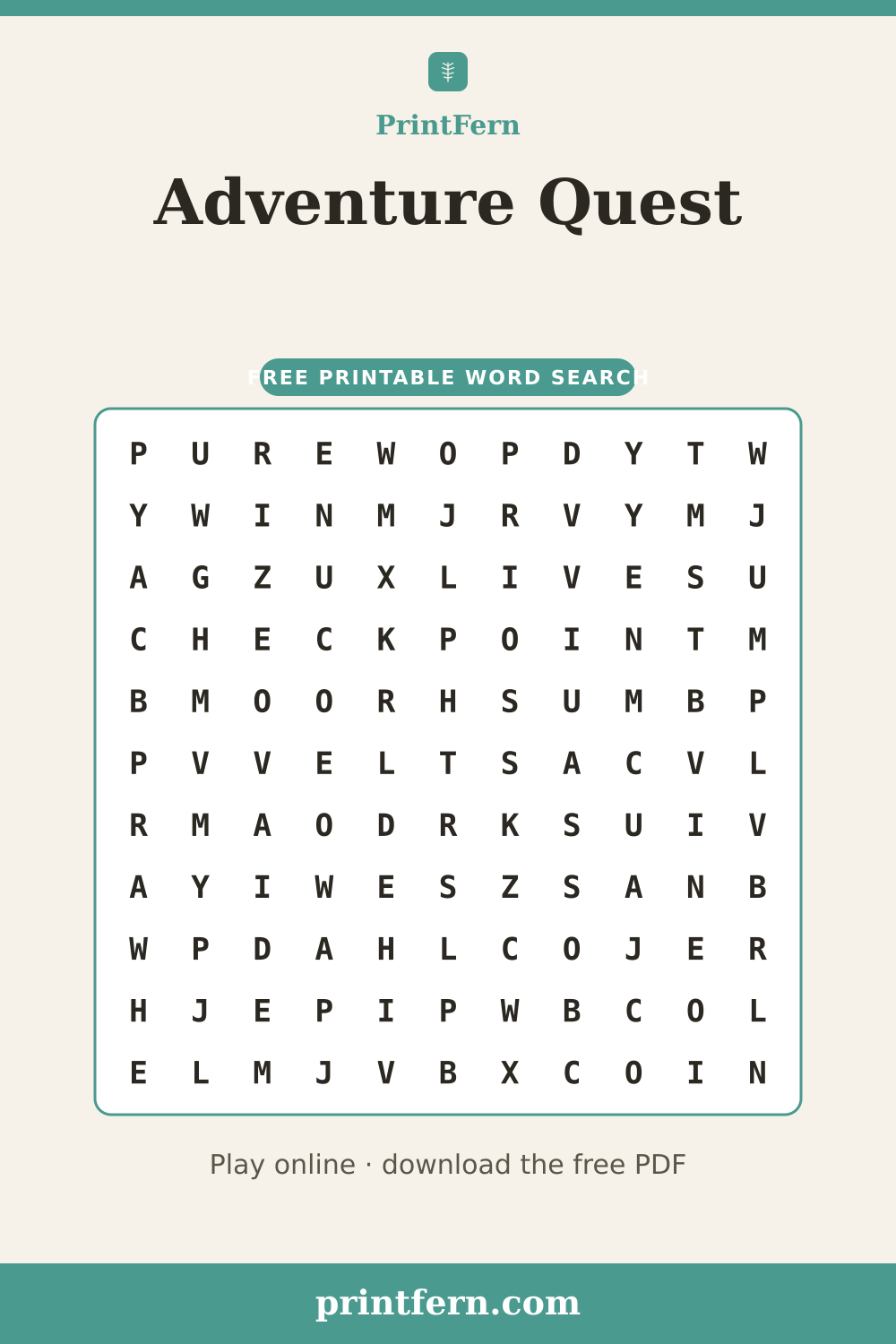 Adventure Quest Word Search, free printable PDF preview