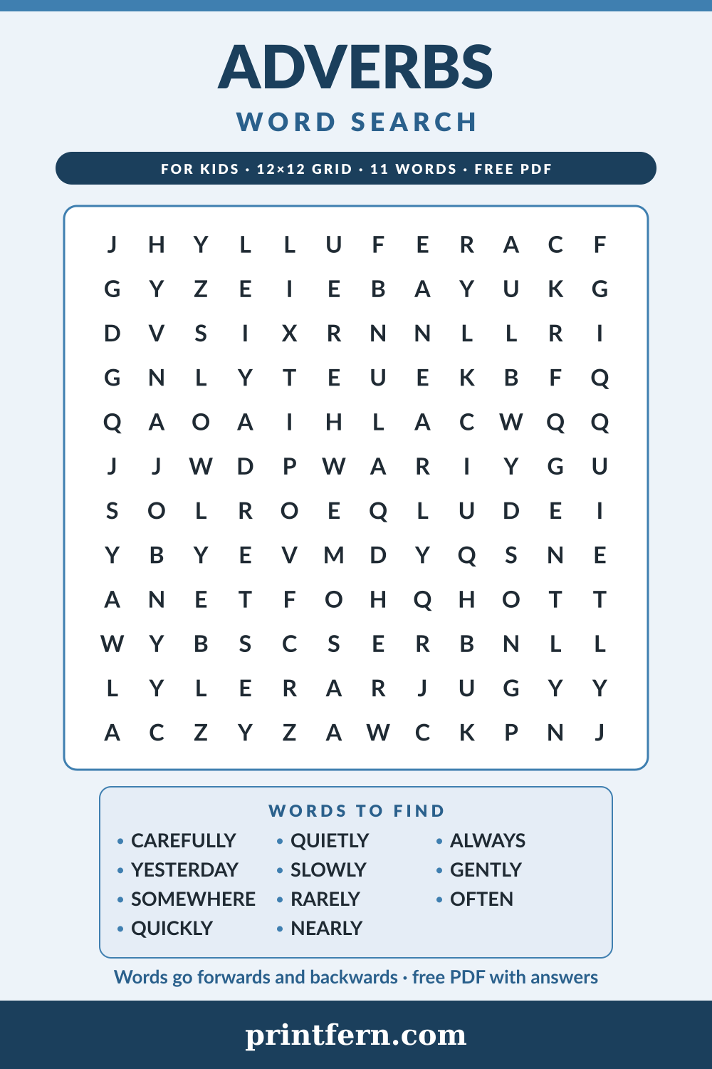 Adverbs Word Search, free printable PDF preview