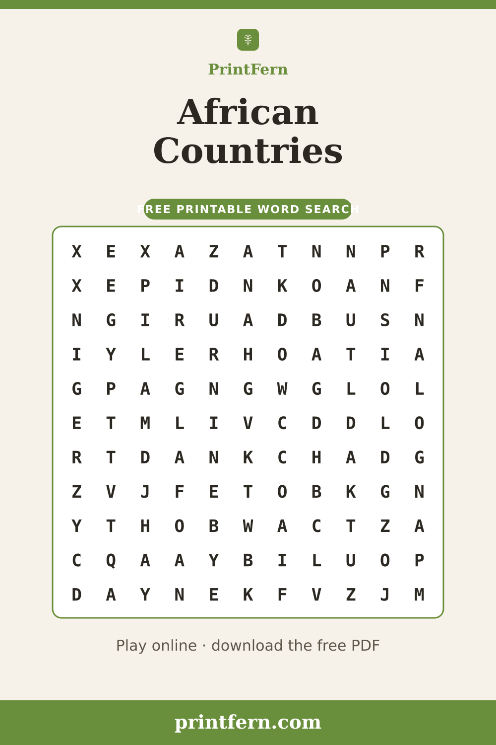 African Countries Word Search, free printable PDF preview