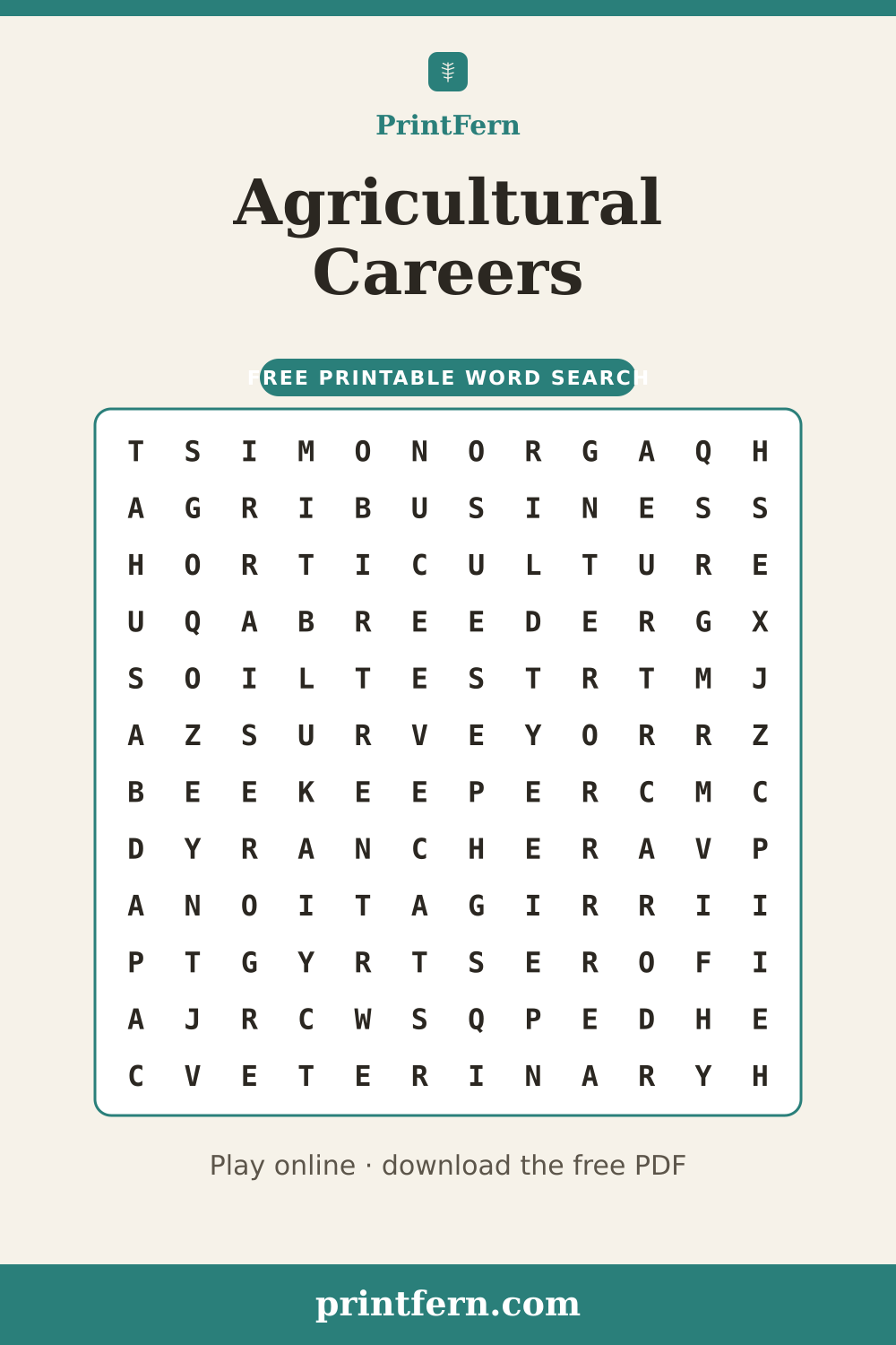 Agricultural Careers Word Search, free printable PDF preview