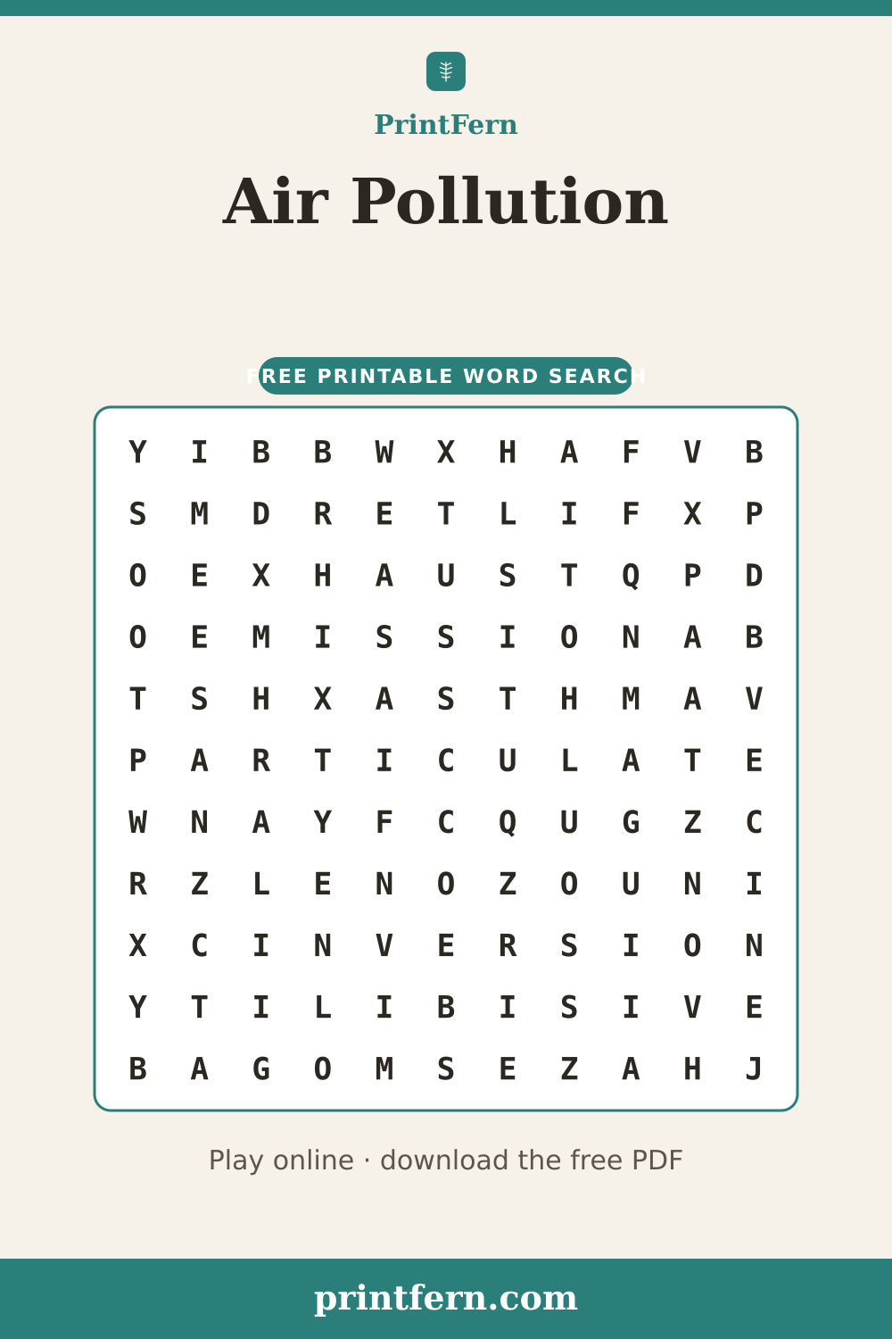 Air Pollution Word Search, free printable PDF preview
