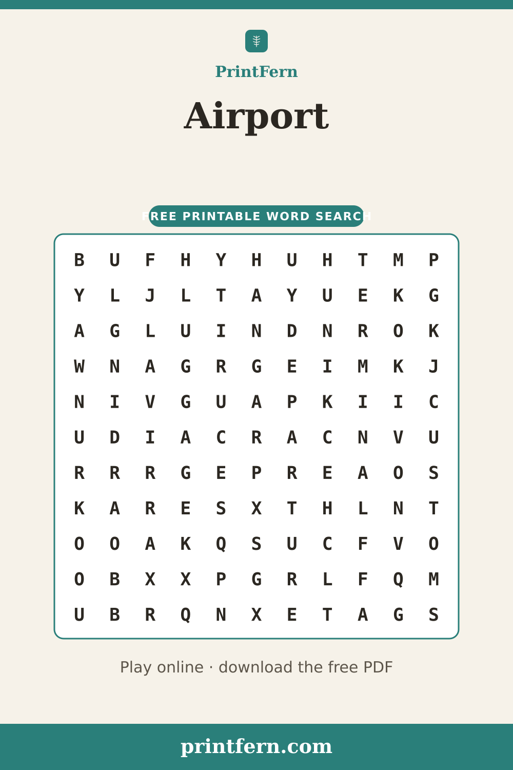 Airport Word Search, free printable PDF preview