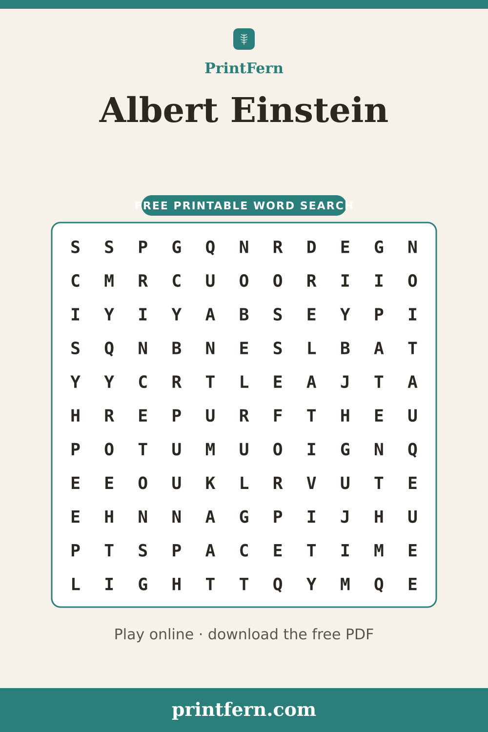 Albert Einstein Word Search, free printable PDF preview