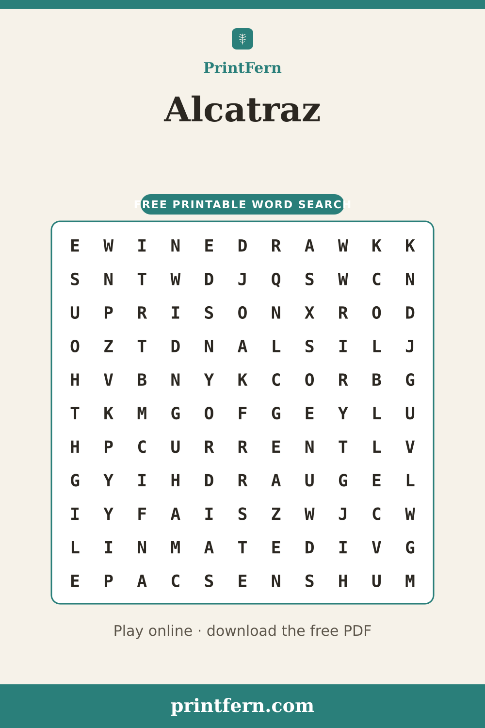 Alcatraz Word Search, free printable PDF preview