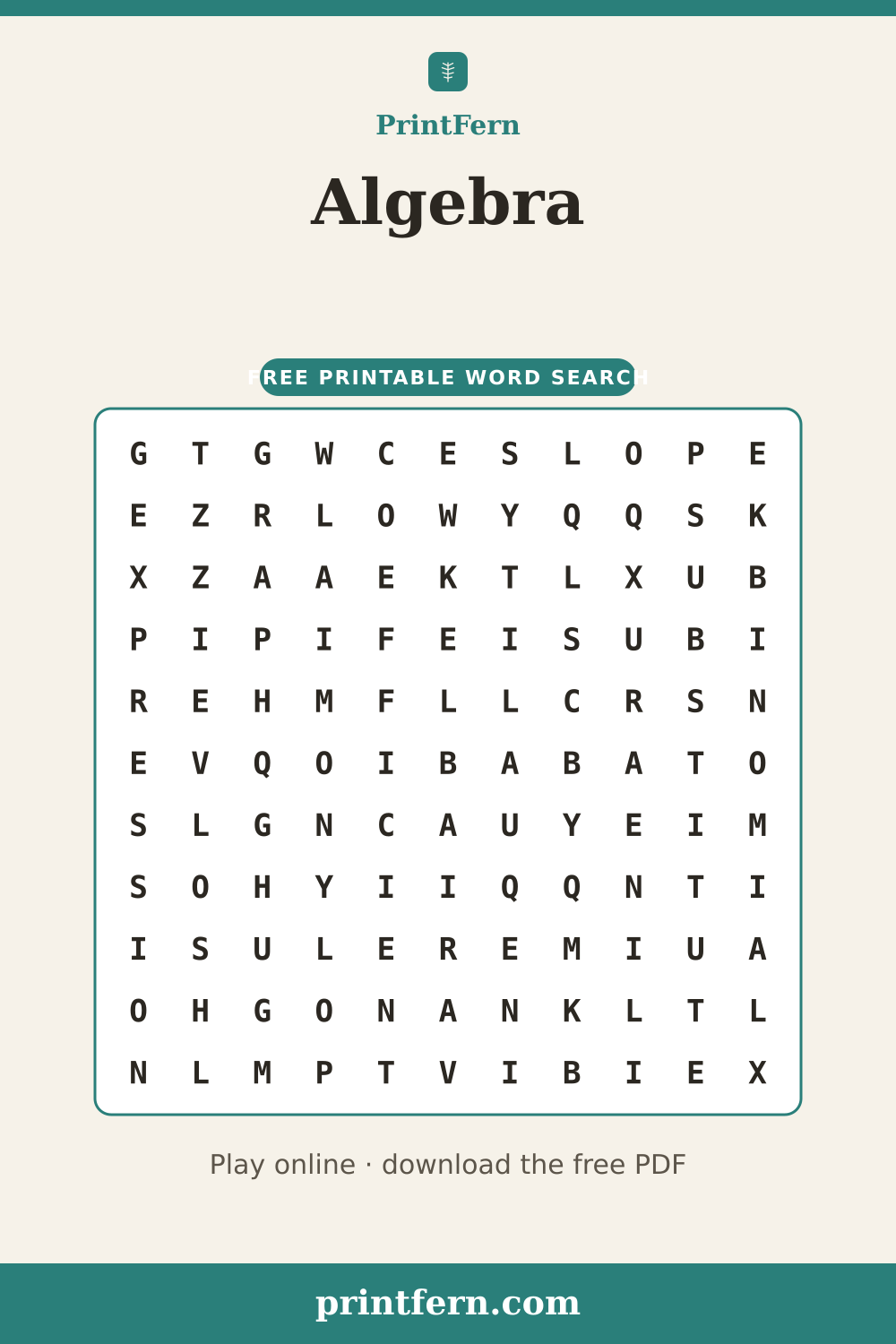 Algebra Word Search, free printable PDF preview