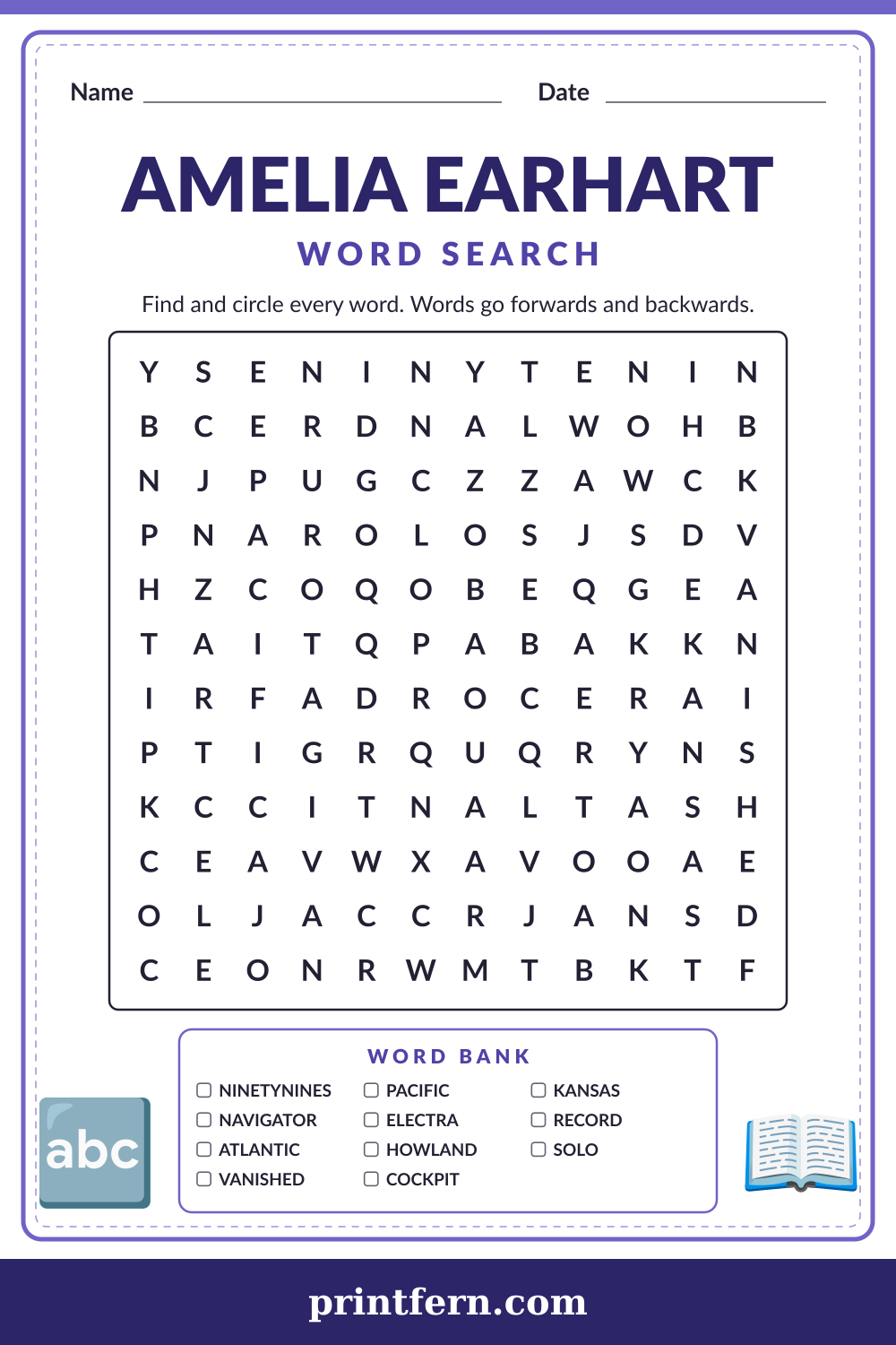 Amelia Earhart Word Search, free printable PDF preview