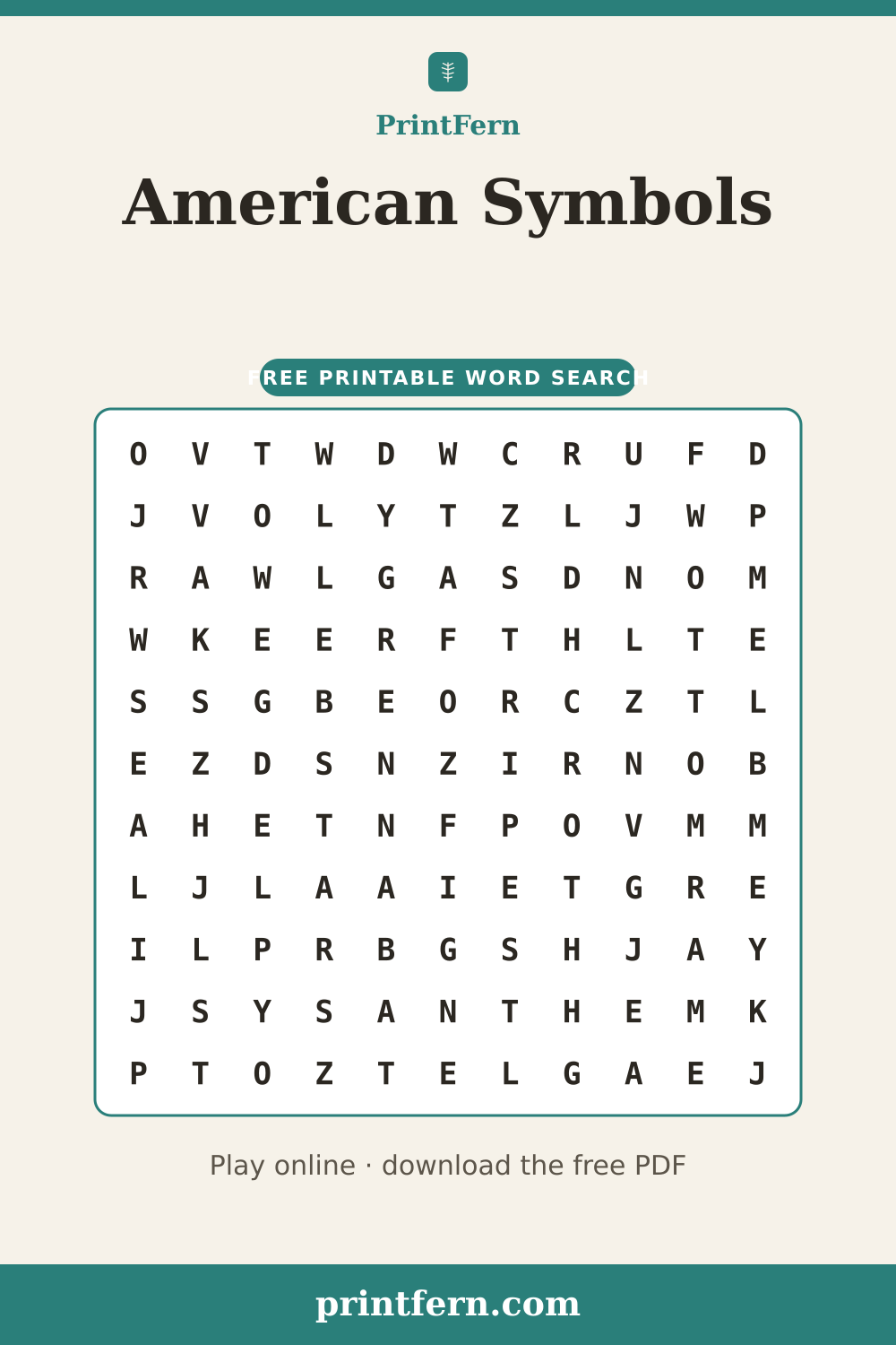 American Symbols Word Search, free printable PDF preview