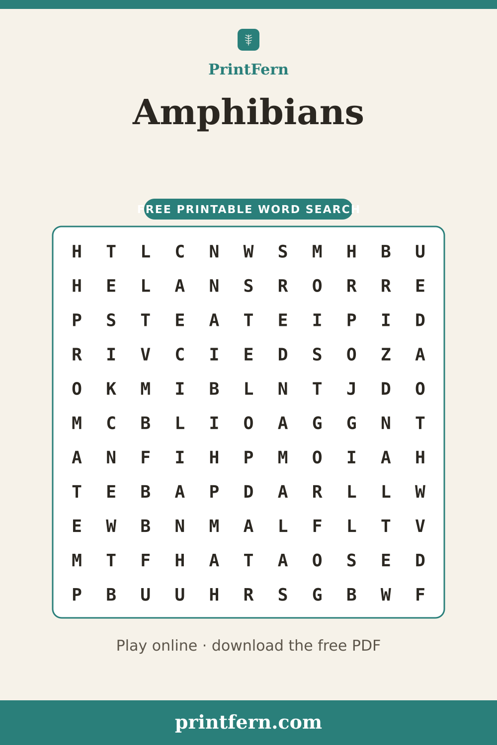 Amphibians Word Search, free printable PDF preview