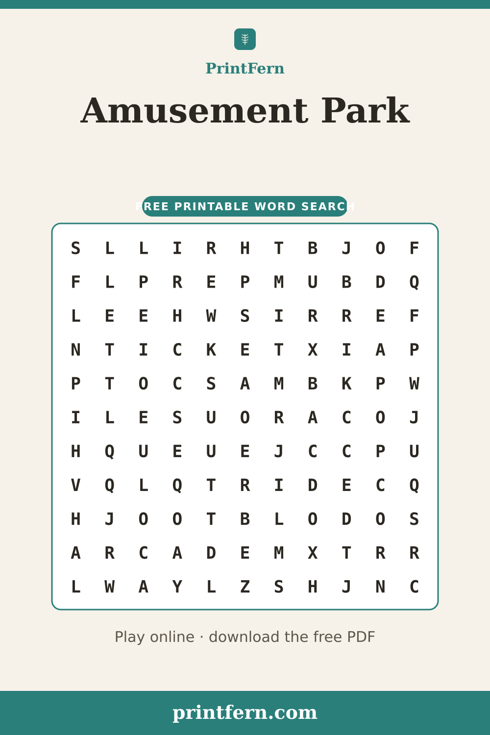 Amusement Park Word Search, free printable PDF preview