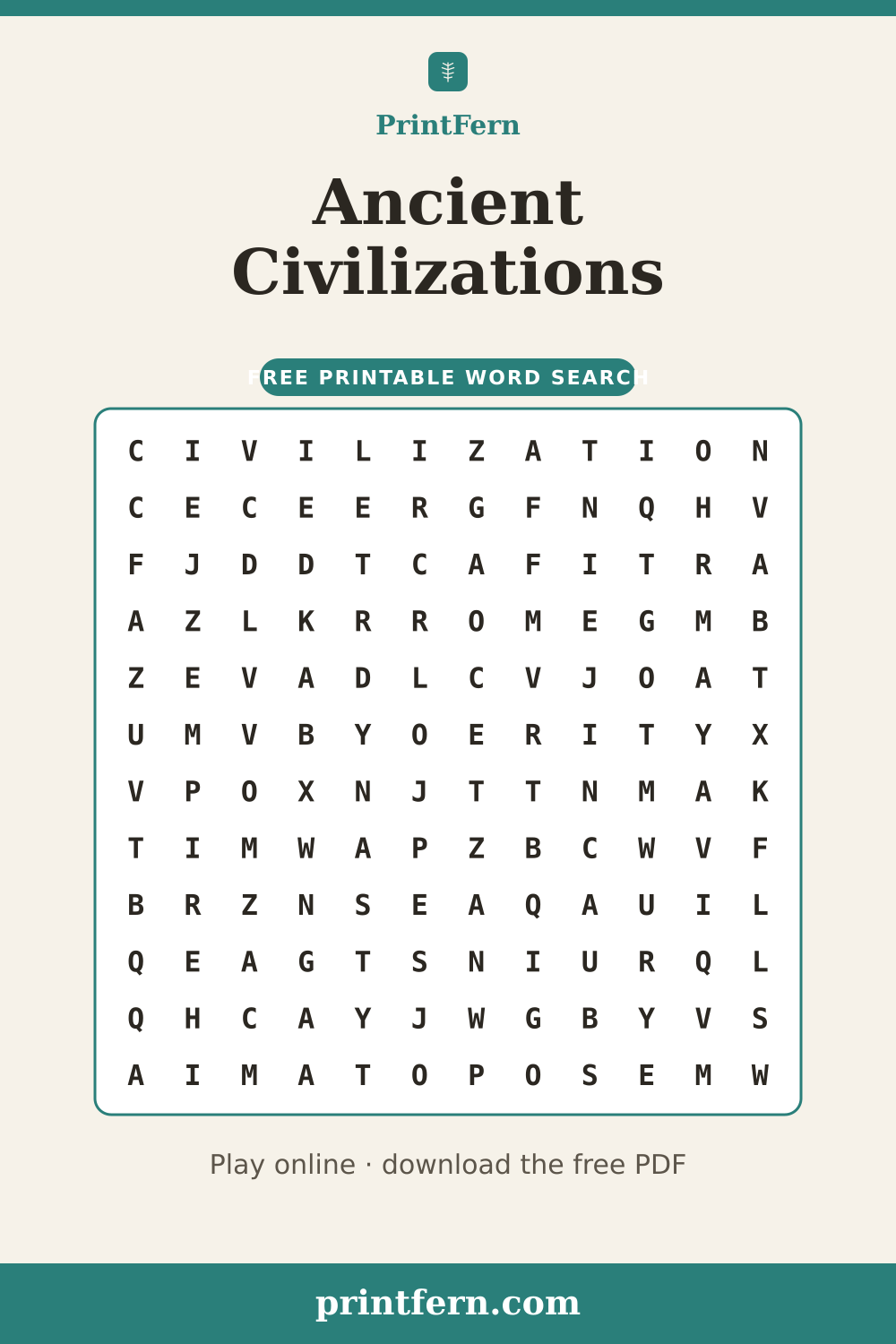 Ancient Civilizations Word Search, free printable PDF preview