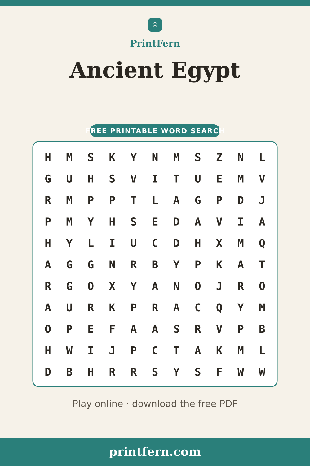 Ancient Egypt Word Search, free printable PDF preview