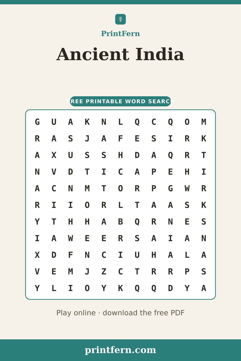 Ancient India Word Search, free printable PDF preview