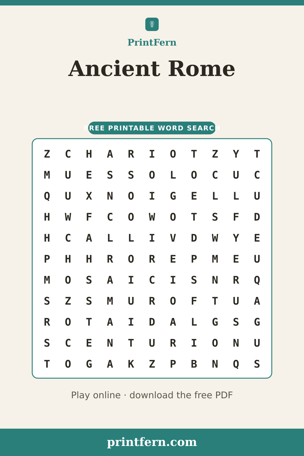 Ancient Rome Word Search, free printable PDF preview
