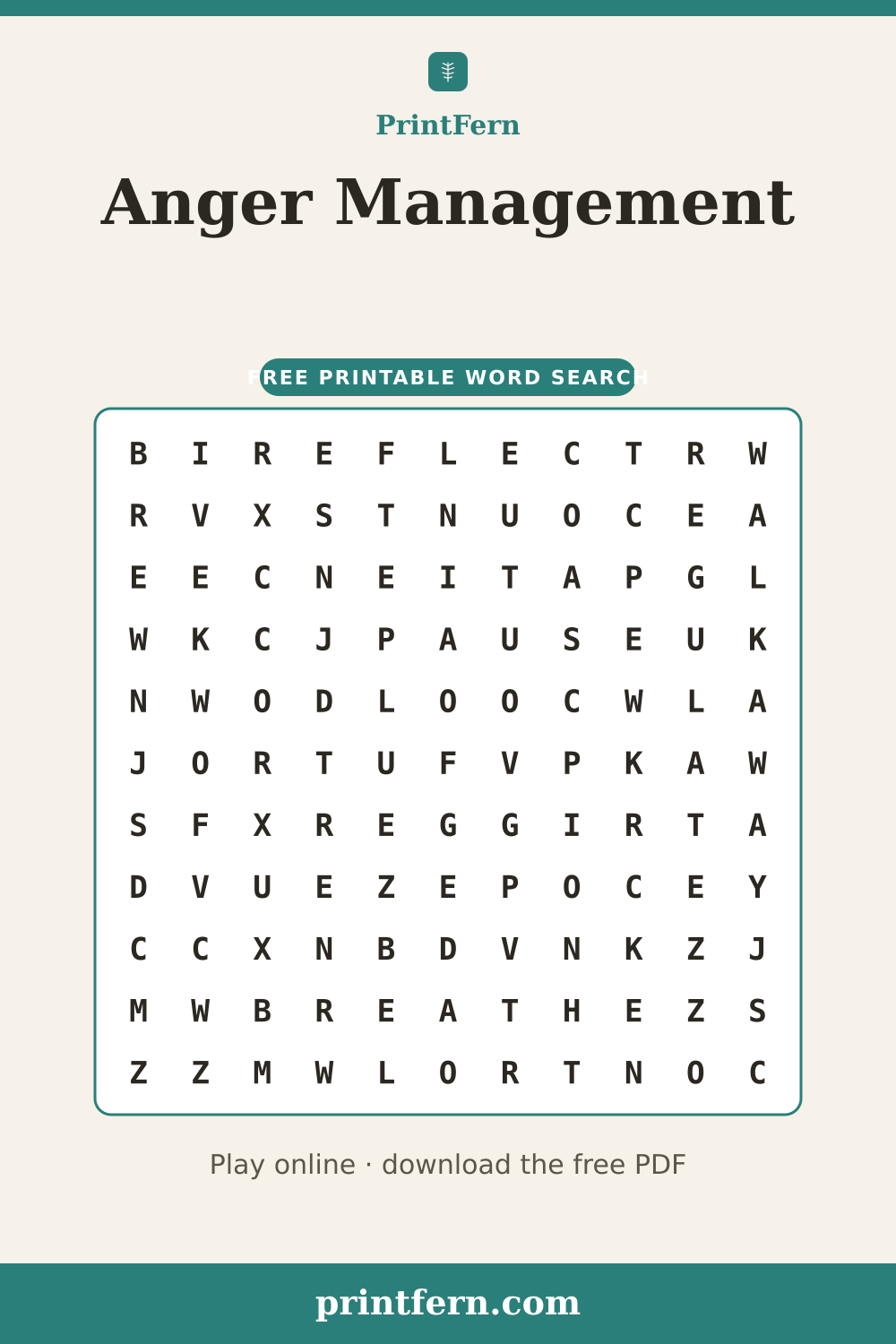 Anger Management Word Search, free printable PDF preview