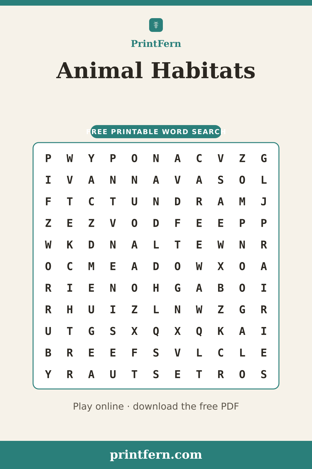 Animal Habitats Word Search, free printable PDF preview