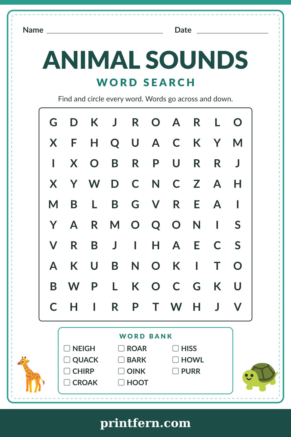 Animal Sounds Word Search, free printable PDF preview