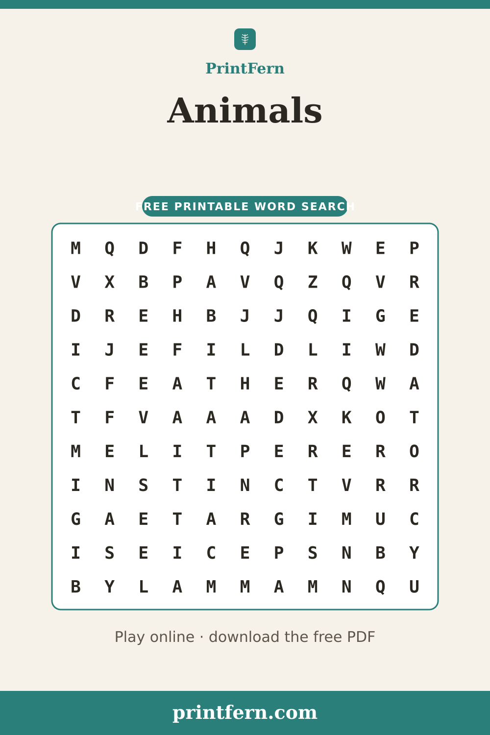 Animals Word Search, free printable PDF preview