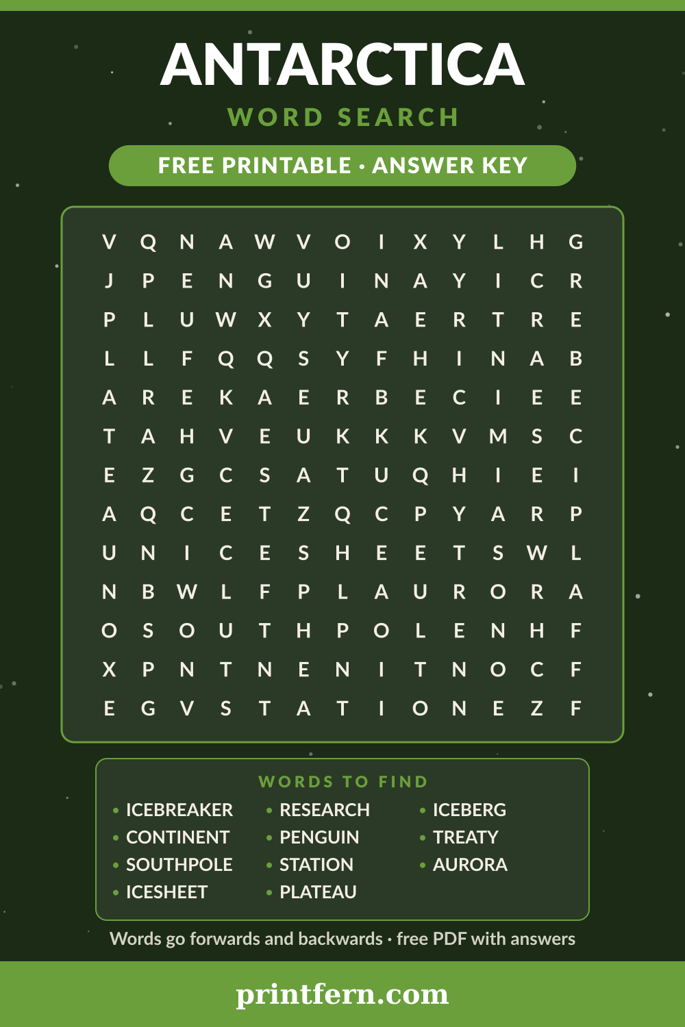 Antarctica Word Search, free printable PDF preview