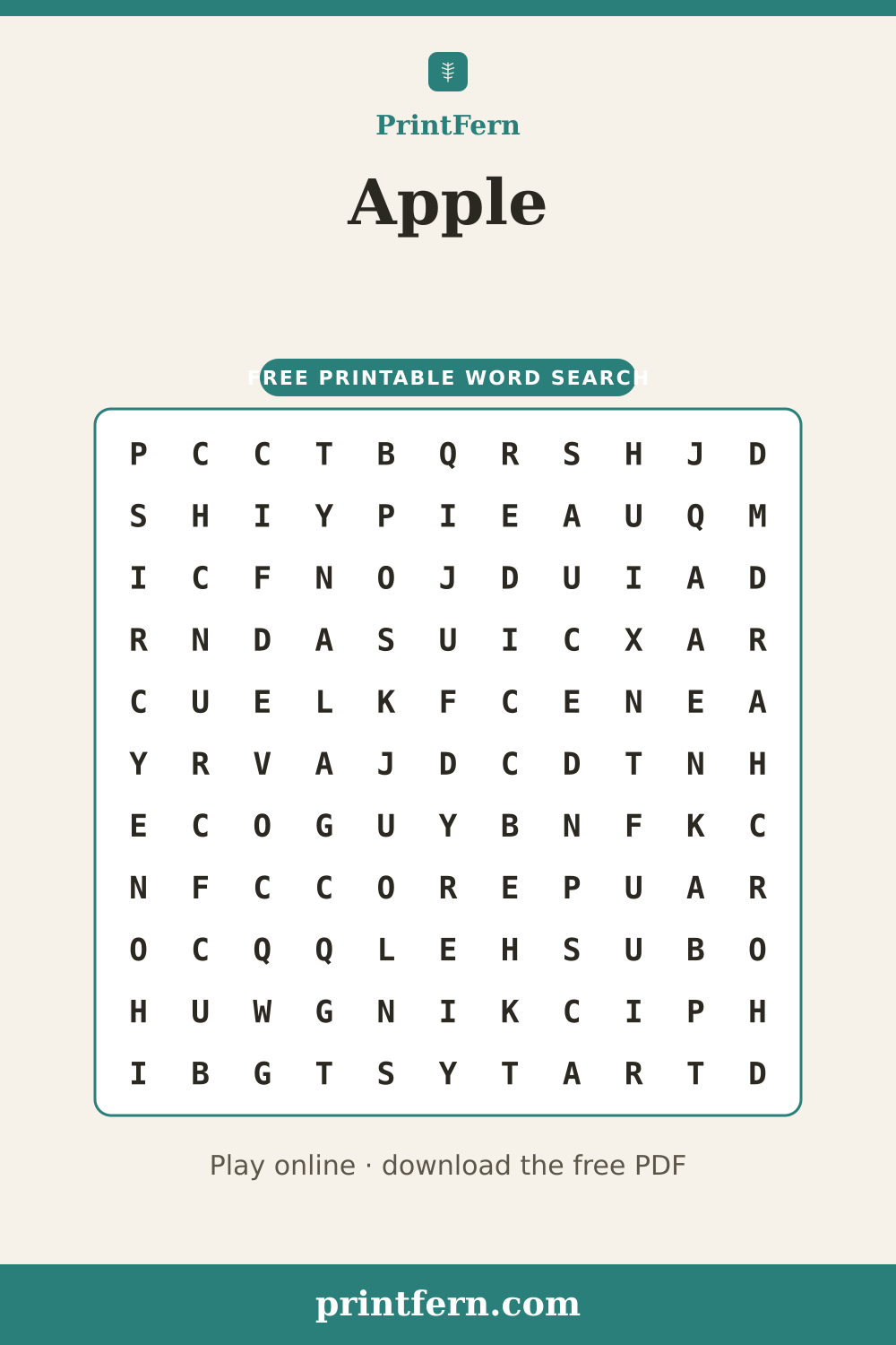 Apple Word Search, free printable PDF preview