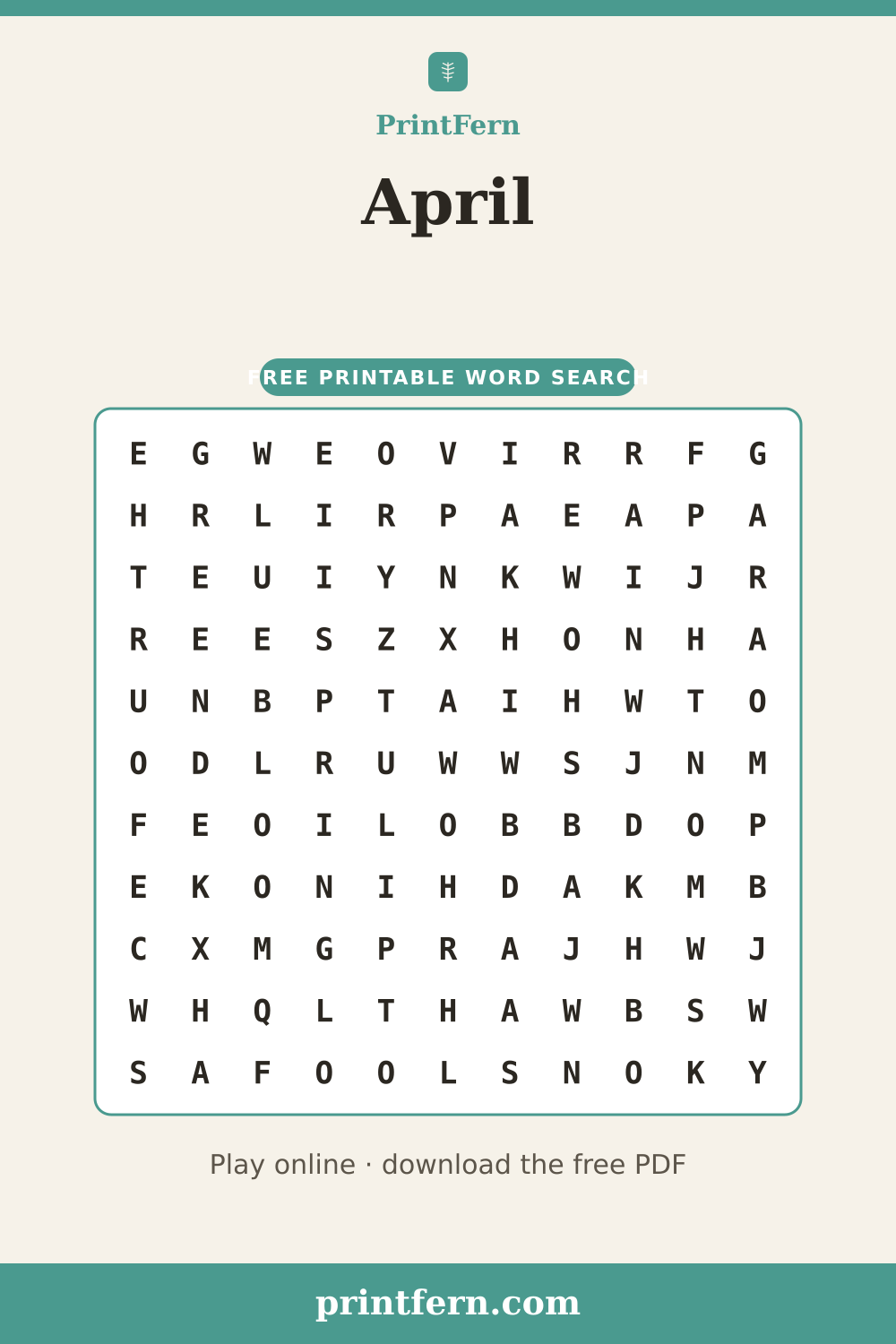 April Word Search, free printable PDF preview