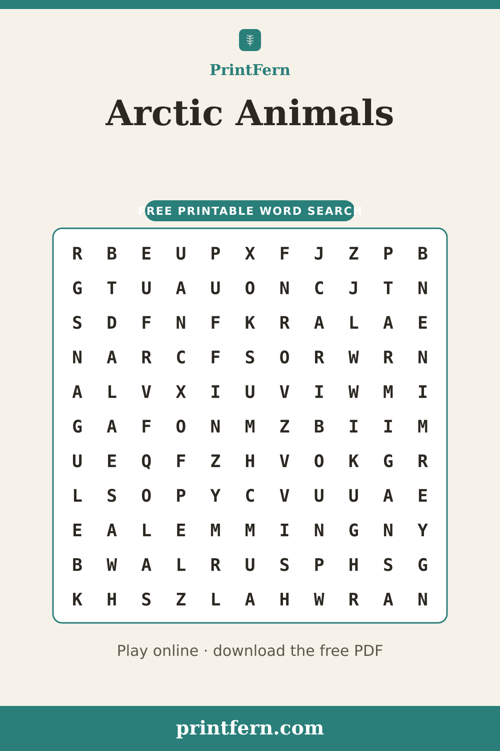 Arctic Animals Word Search, free printable PDF preview