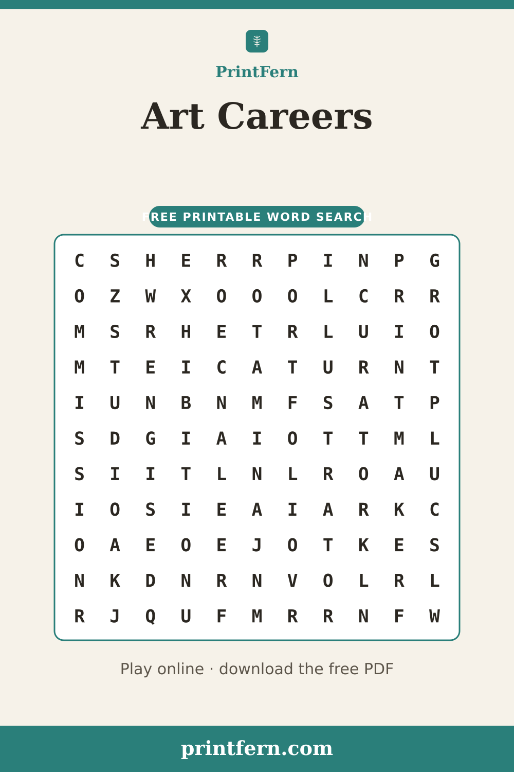 Art Careers Word Search, free printable PDF preview