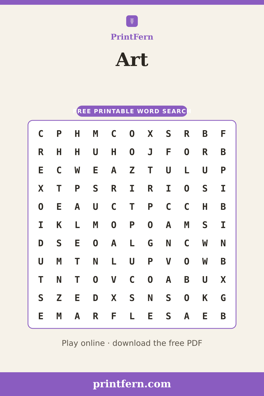 Art Word Search, free printable PDF preview
