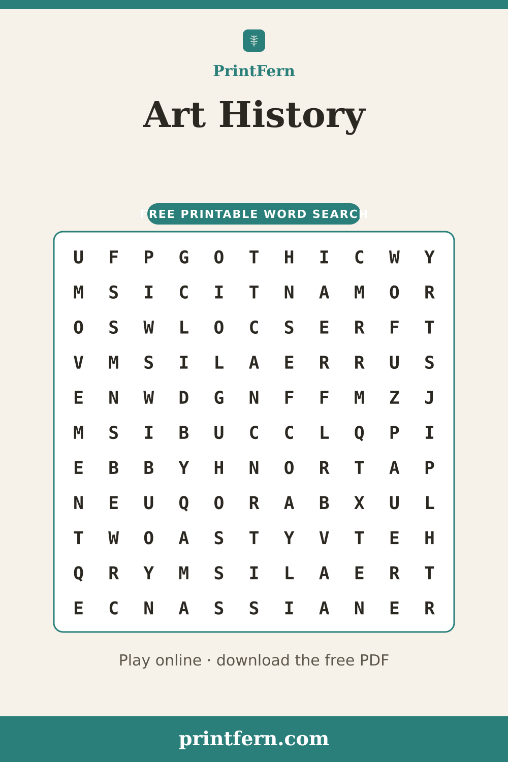 Art History Word Search, free printable PDF preview
