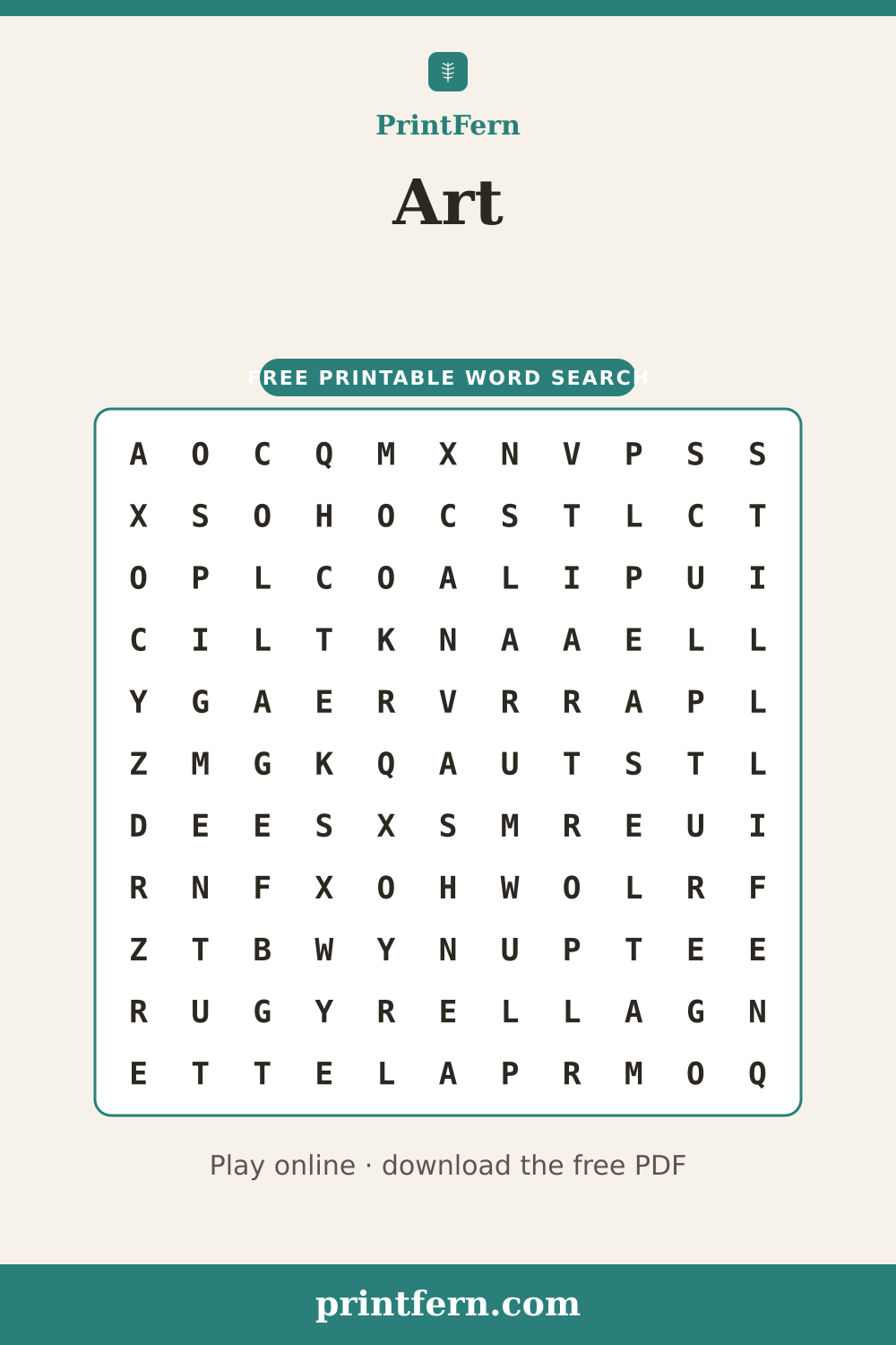 Art Word Search, free printable PDF preview