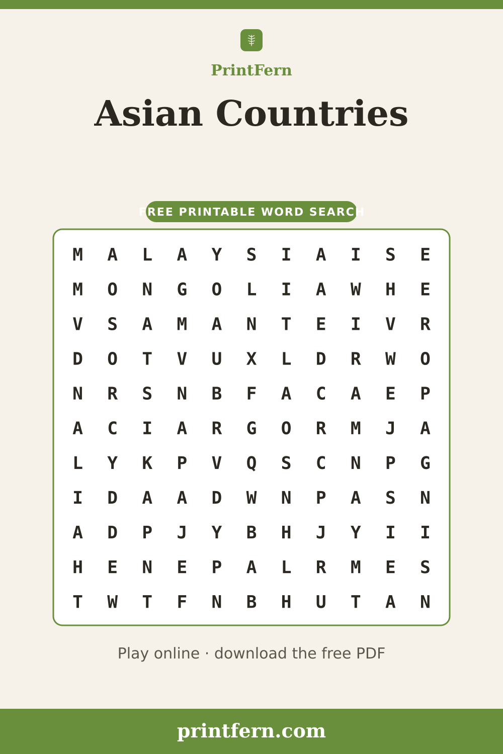 Asian Countries Word Search, free printable PDF preview