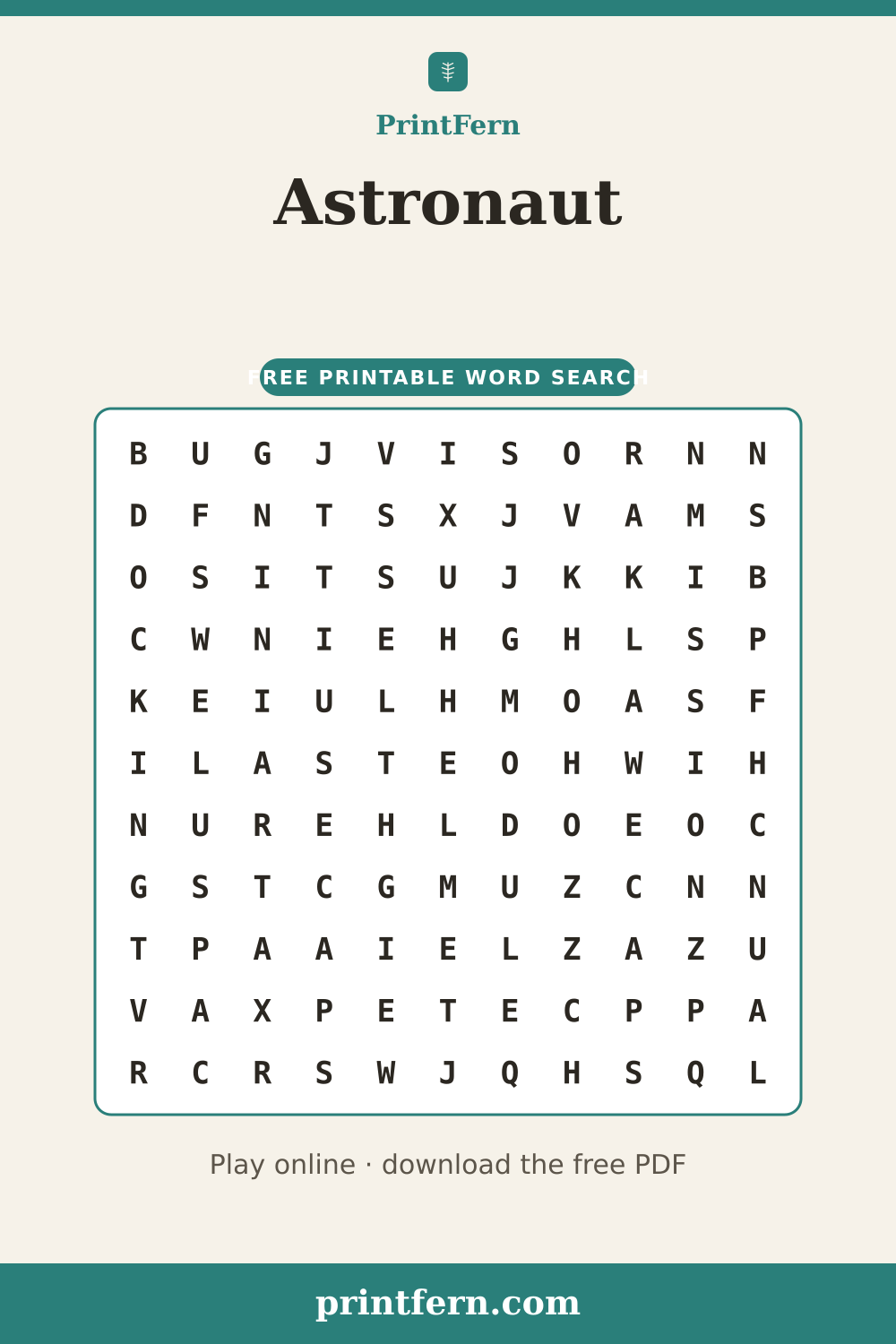 Astronaut Word Search, free printable PDF preview