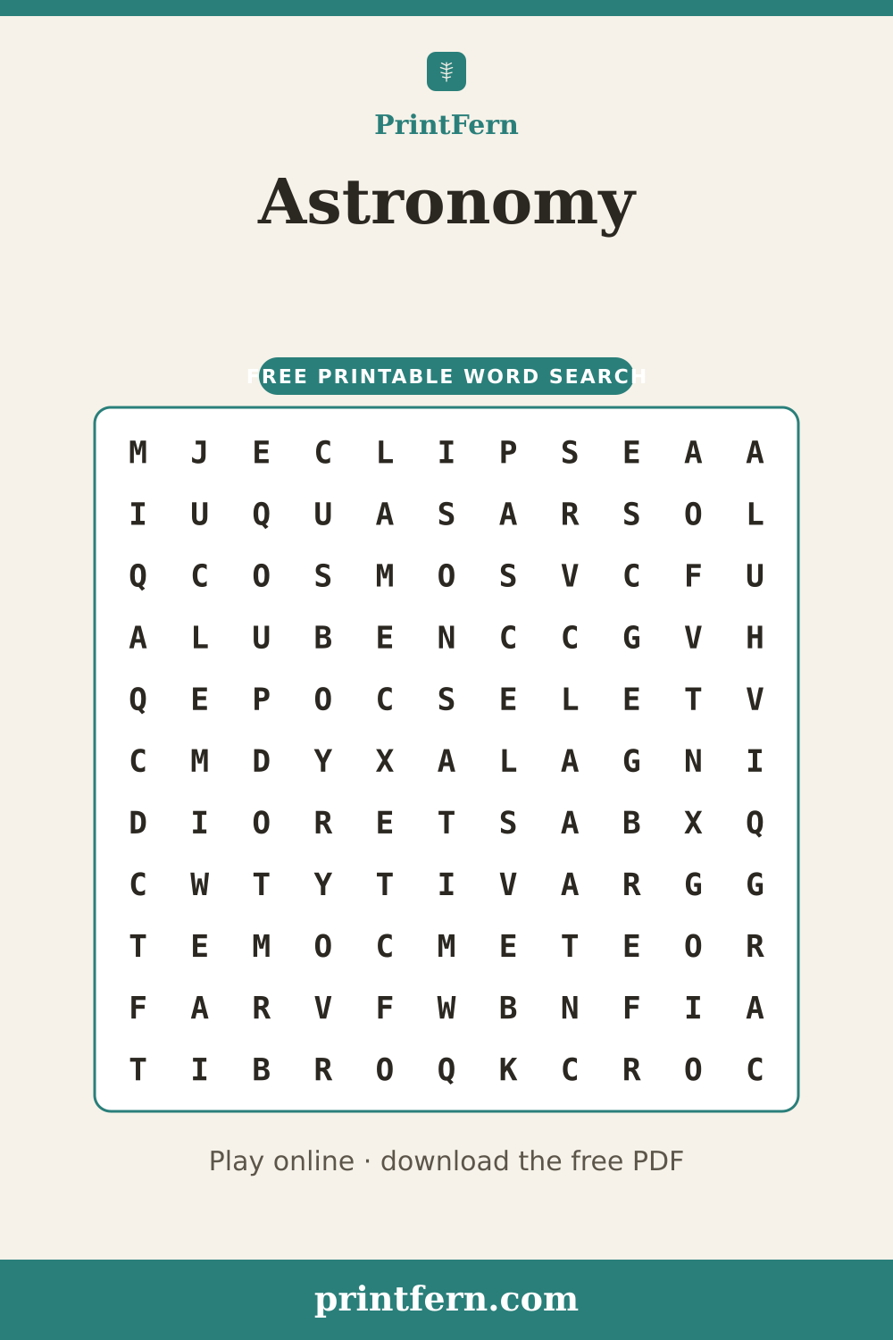 Astronomy Word Search, free printable PDF preview