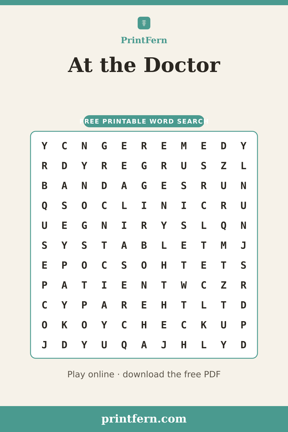 At the Doctor Word Search, free printable PDF preview