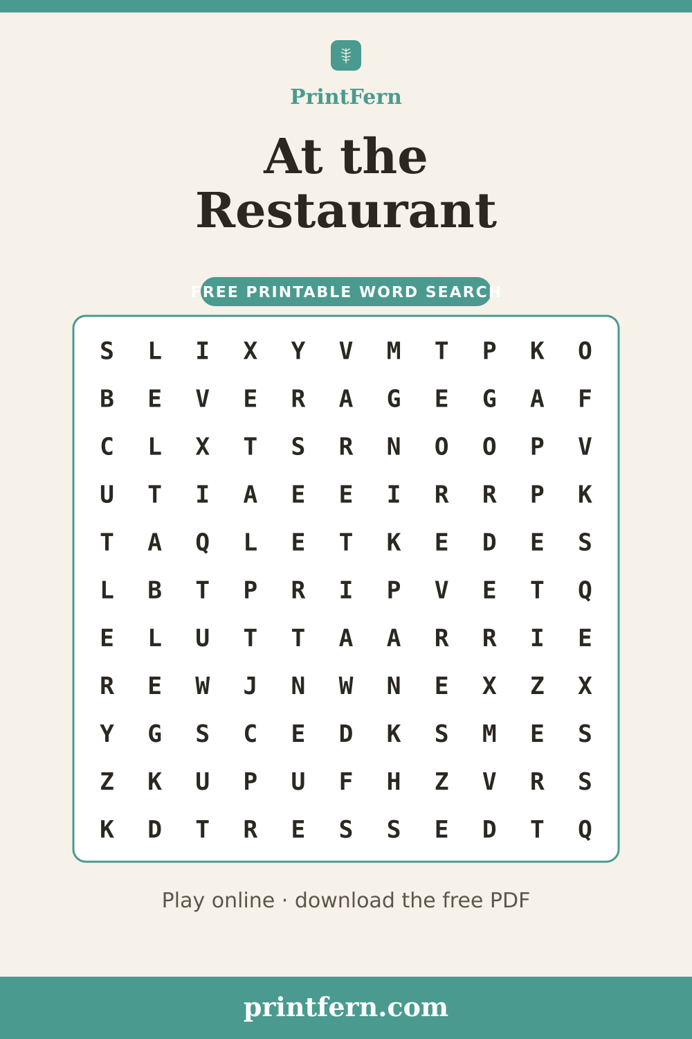 At the Restaurant Word Search, free printable PDF preview