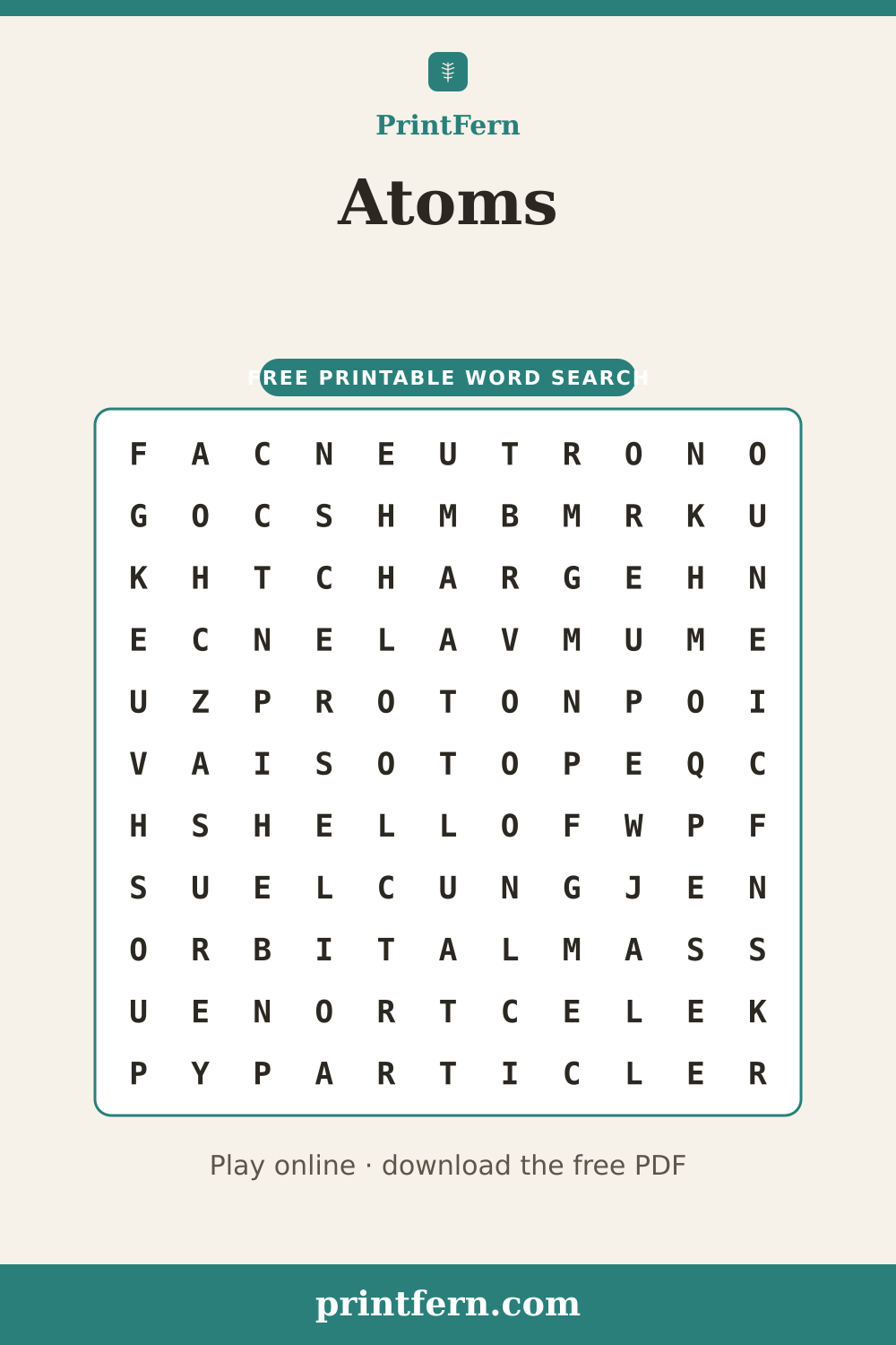 Atoms Word Search, free printable PDF preview