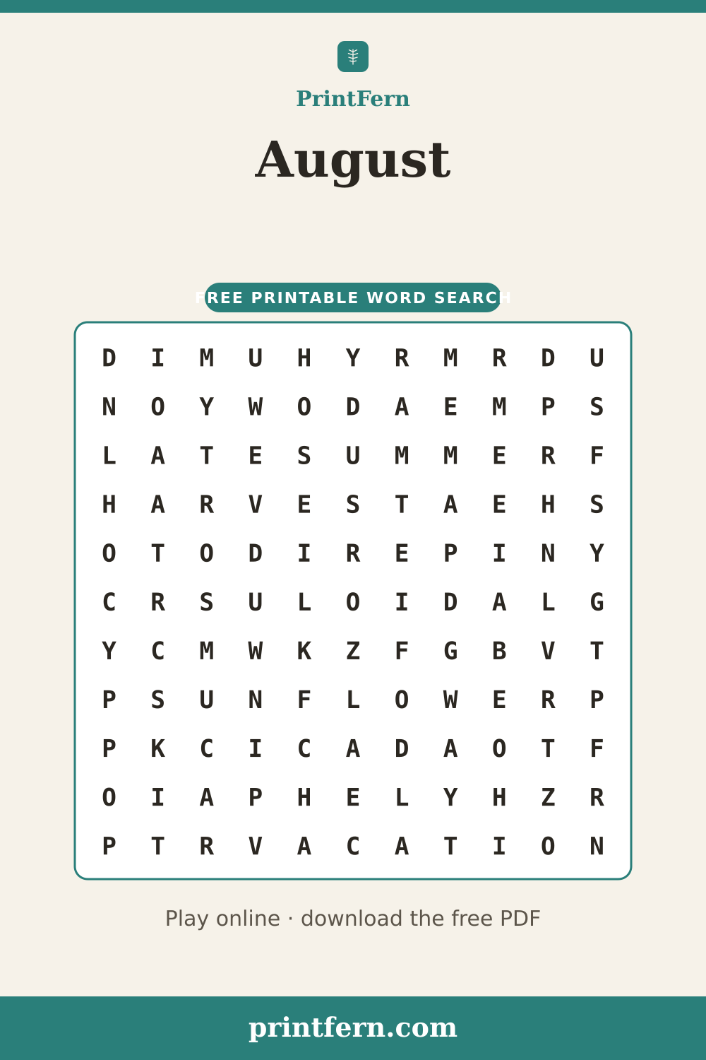 August Word Search, free printable PDF preview