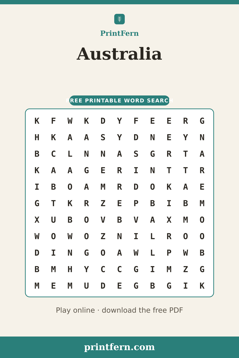 Australia Word Search, free printable PDF preview