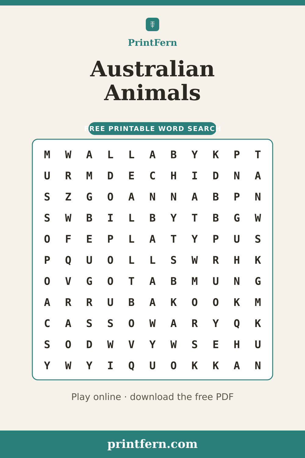 Australian Animals Word Search, free printable PDF preview
