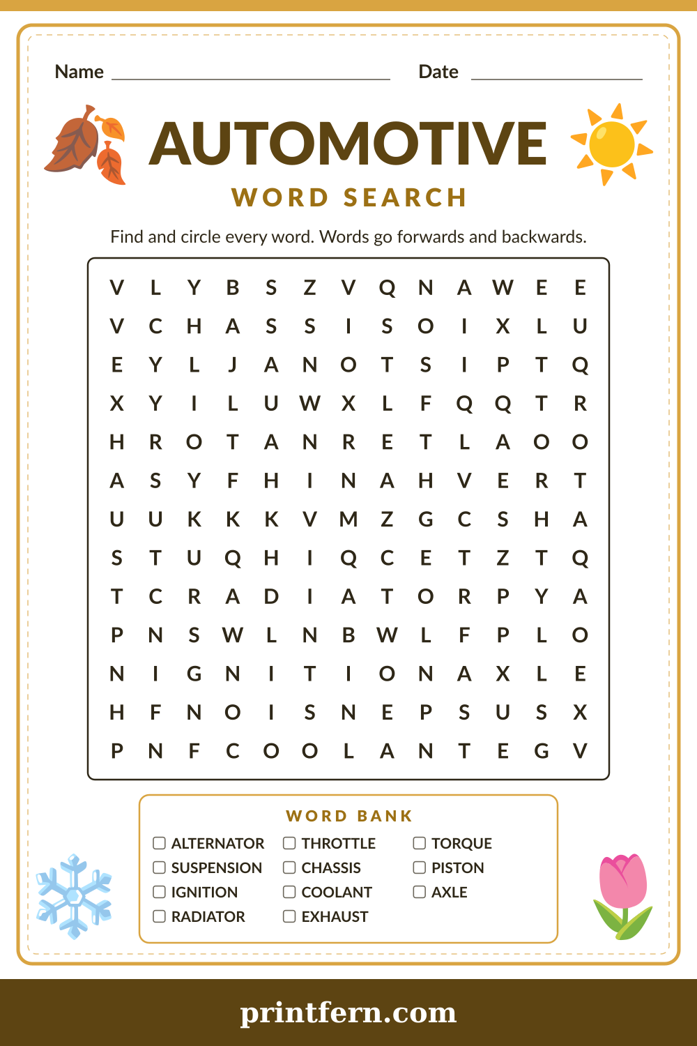 Automotive Word Search, free printable PDF preview