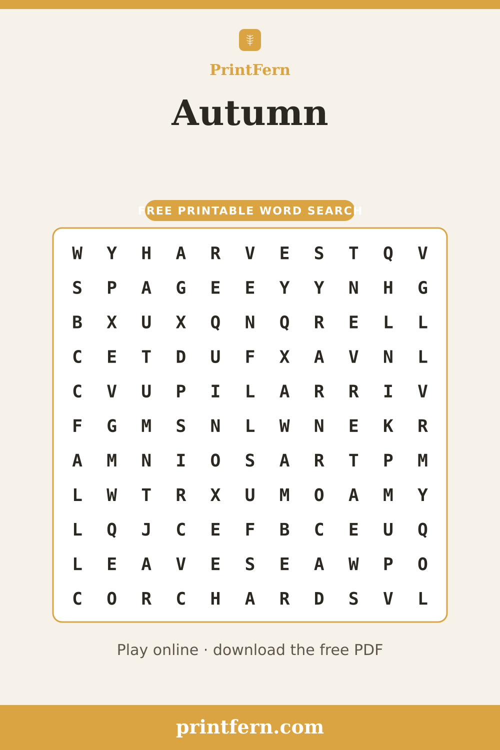 Autumn Word Search, free printable PDF preview