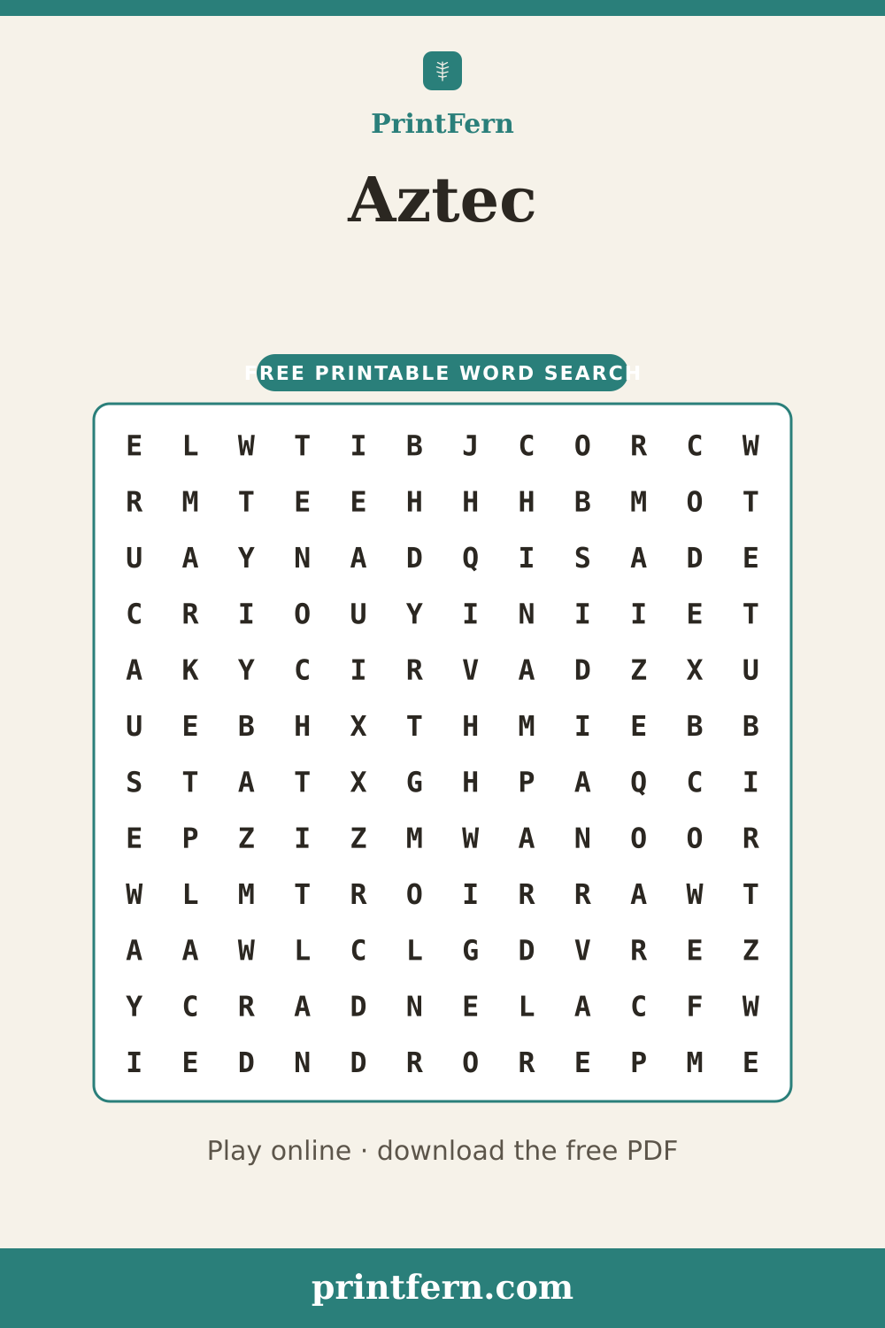 Aztec Word Search, free printable PDF preview