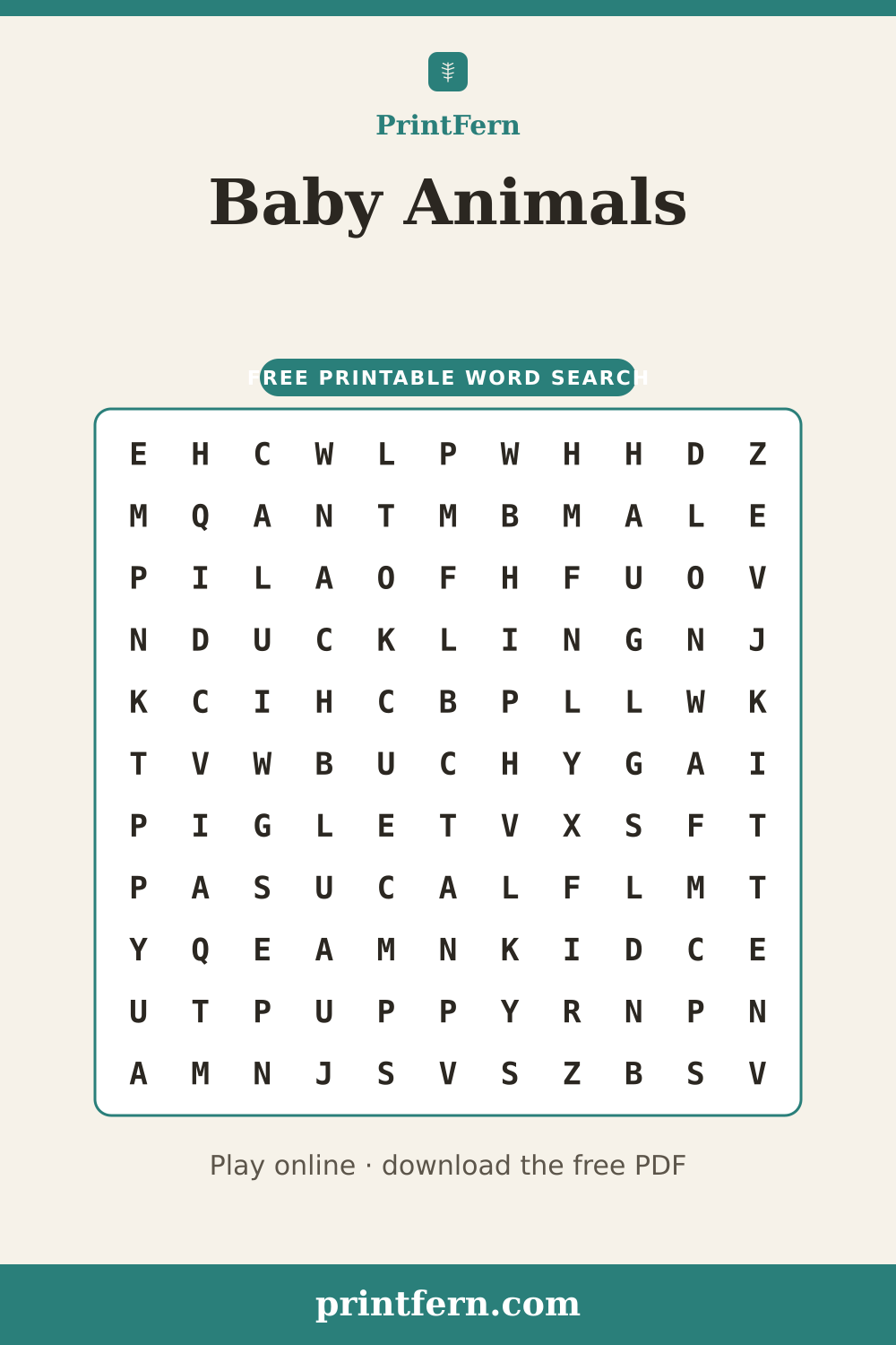 Baby Animals Word Search, free printable PDF preview