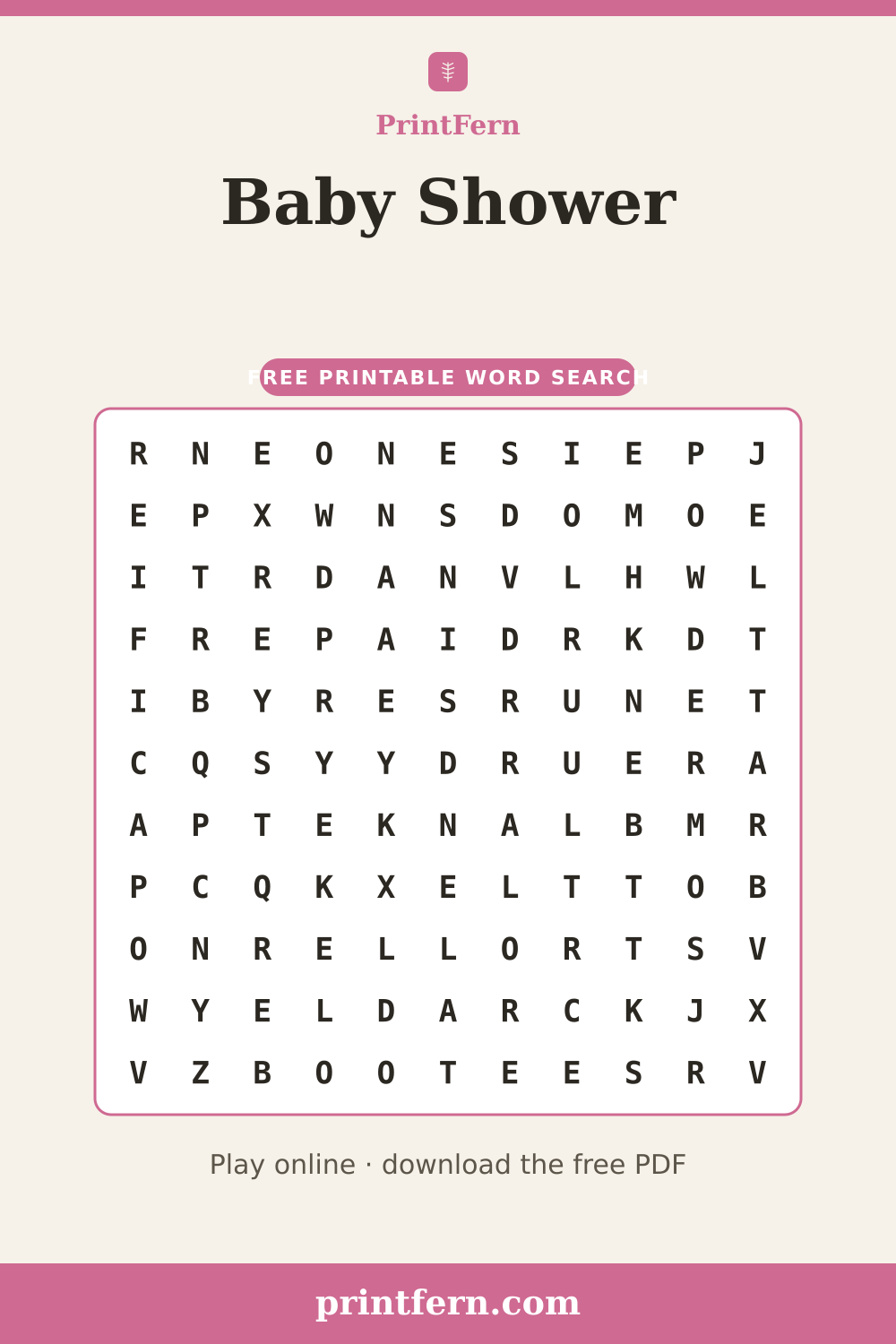 Baby Shower Word Search, free printable PDF preview