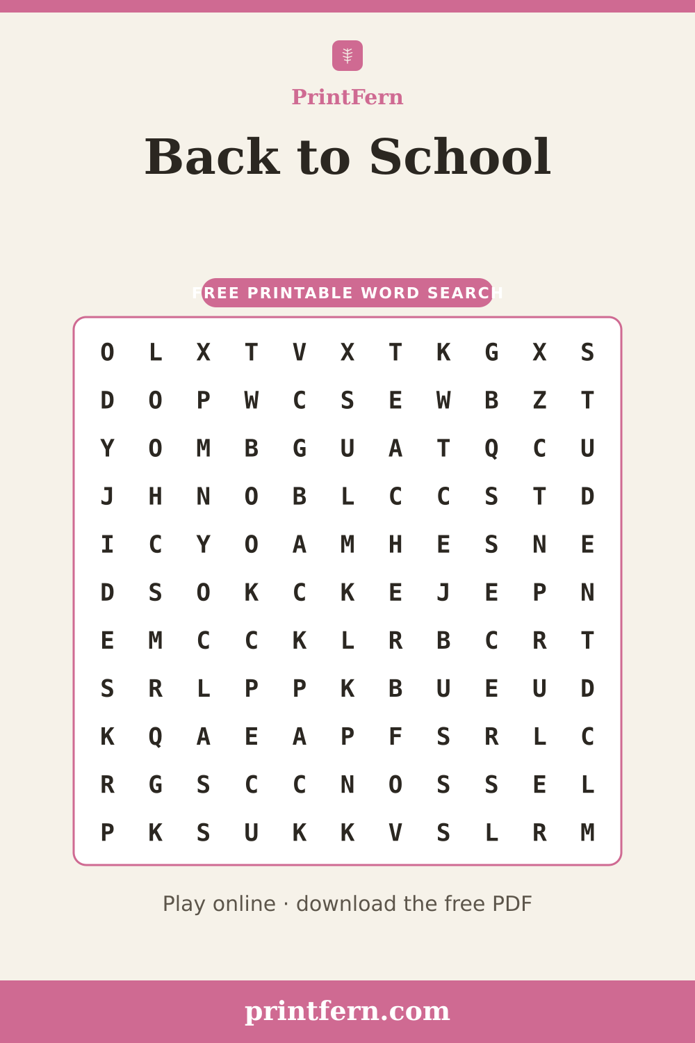 Back to School Word Search, free printable PDF preview