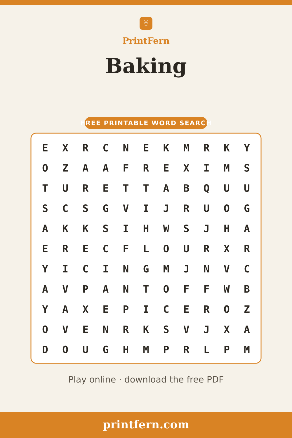 Baking Word Search, free printable PDF preview