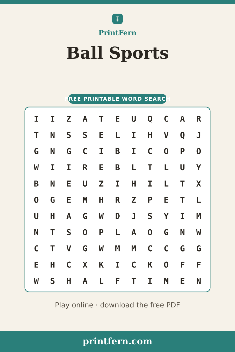 Ball Sports Word Search, free printable PDF preview